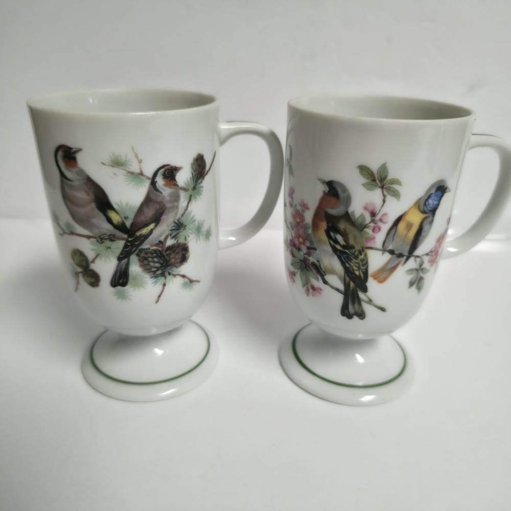 2 Vintage SongBirds Flowers Pedestal Mugs Footed Porcelain Coffee Cups Painted